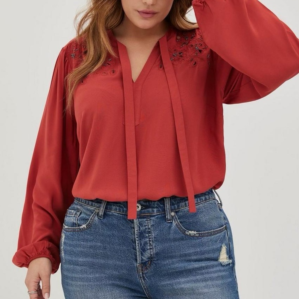 NWT Torrid Rust Long Sleeve Challis Embroidered Blouse,‎ size 5X